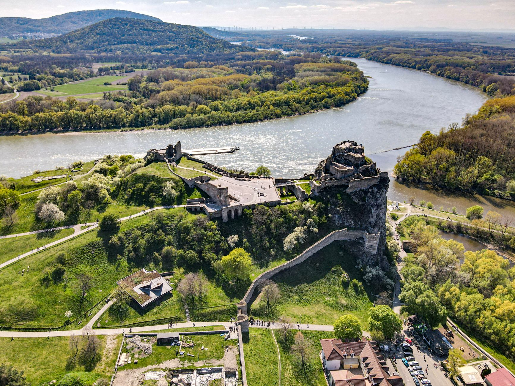 Breathtaking aerial view of Devín Castle by the Danube in Bratislava's countryside.