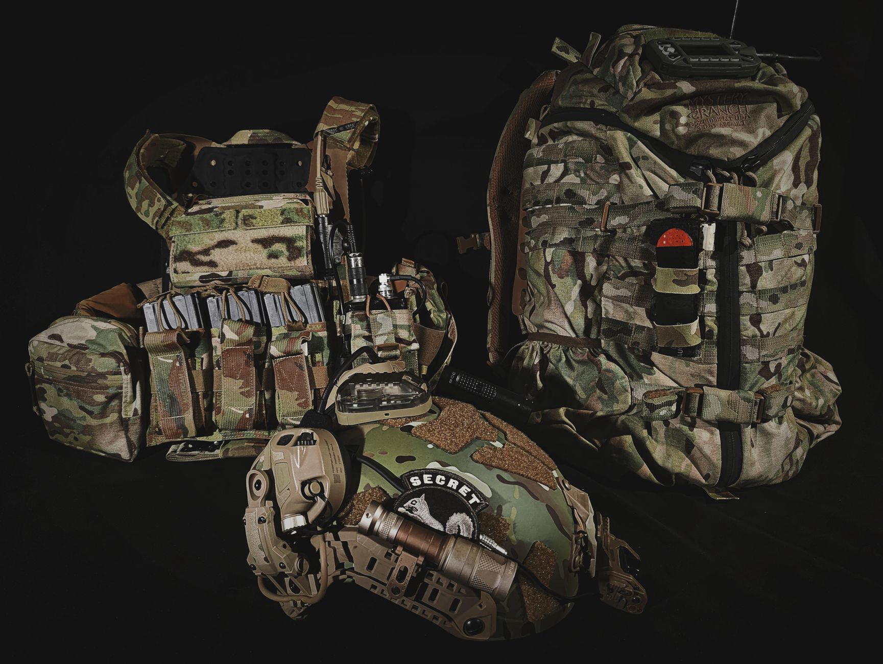 Comprehensive display of equipped tactical military gear, ready for operations.