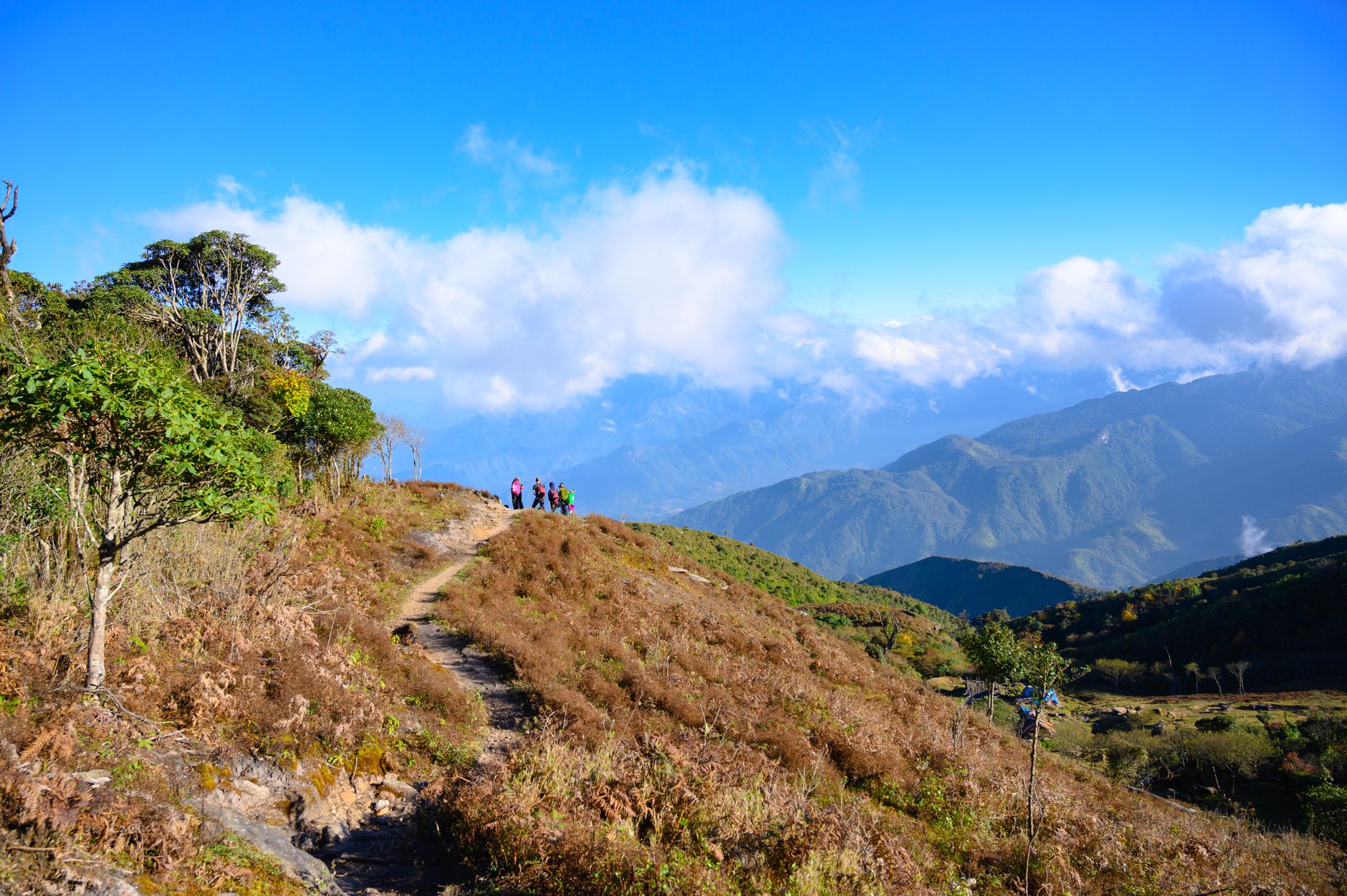 Hikers enjoying a scenic view on a mountain trail in Lào Cai, Vietnam.