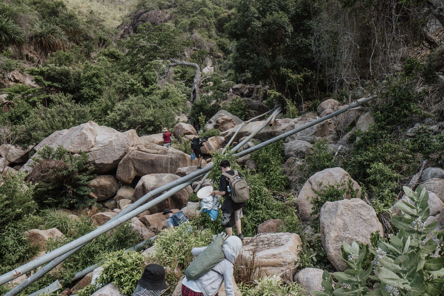 A group of hikers exploring rocky terrain surrounded by lush greenery on a mountain trail.