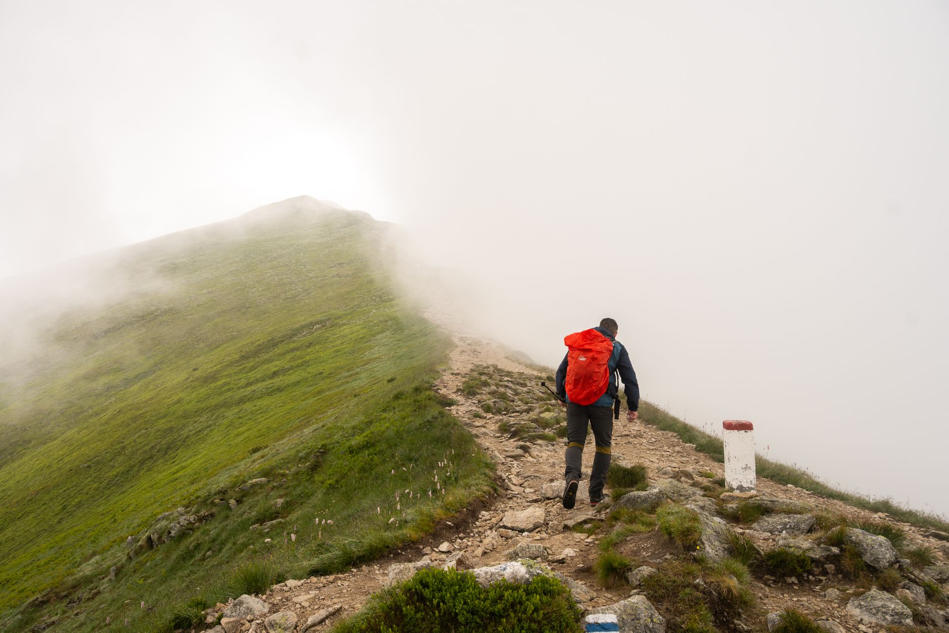 A hiker with a red backpack climbs a foggy trail in the Tatra Mountains, Poland.