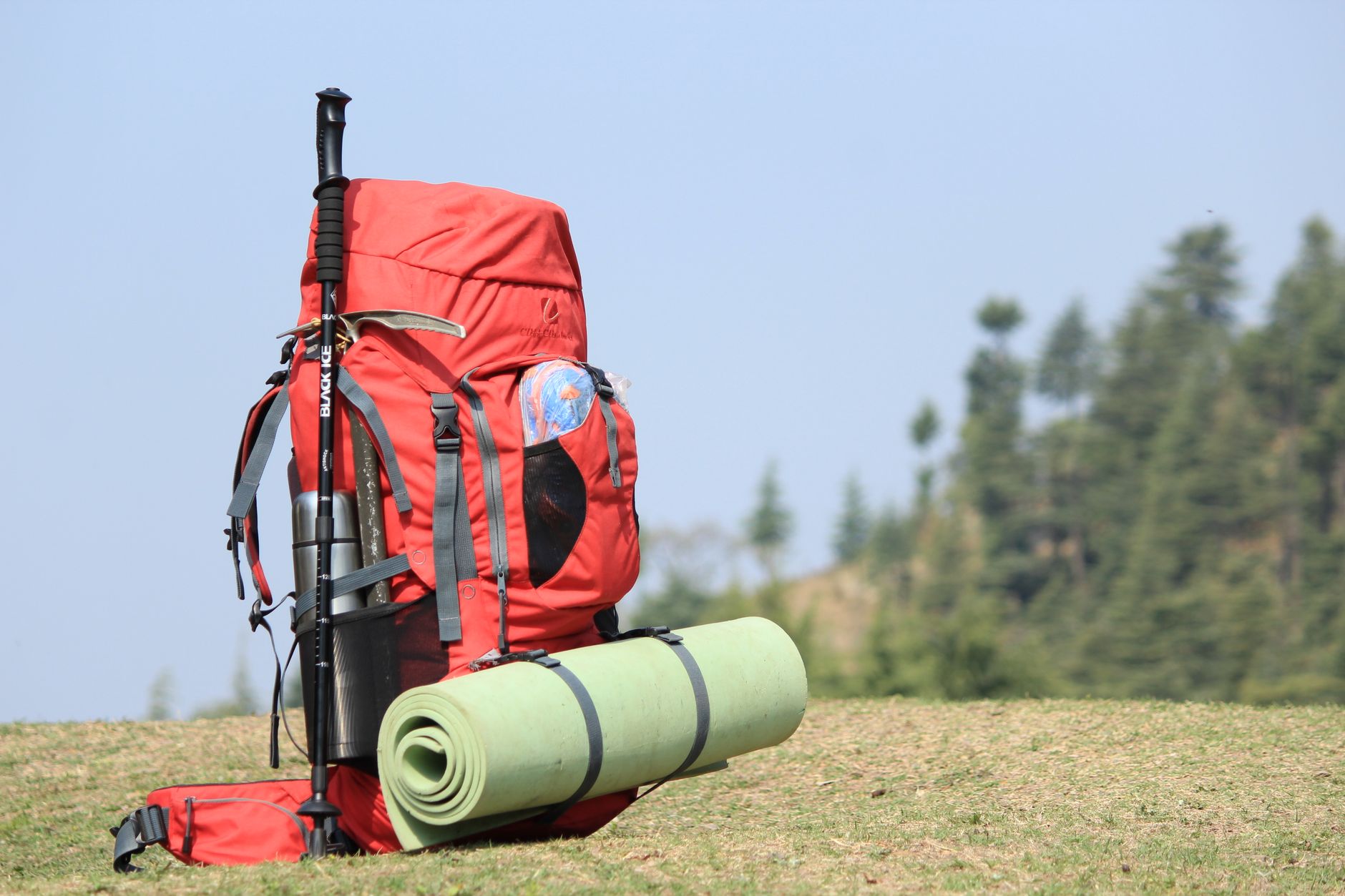 Red backpack with hiking pole and mat on grassy field with forest background.